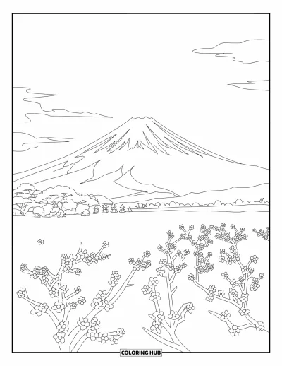 Coloriage Japon pour adultes : Une scène panoramique du mont Fuji présente des cerisiers en fleurs et un sentier de jardin sinueux