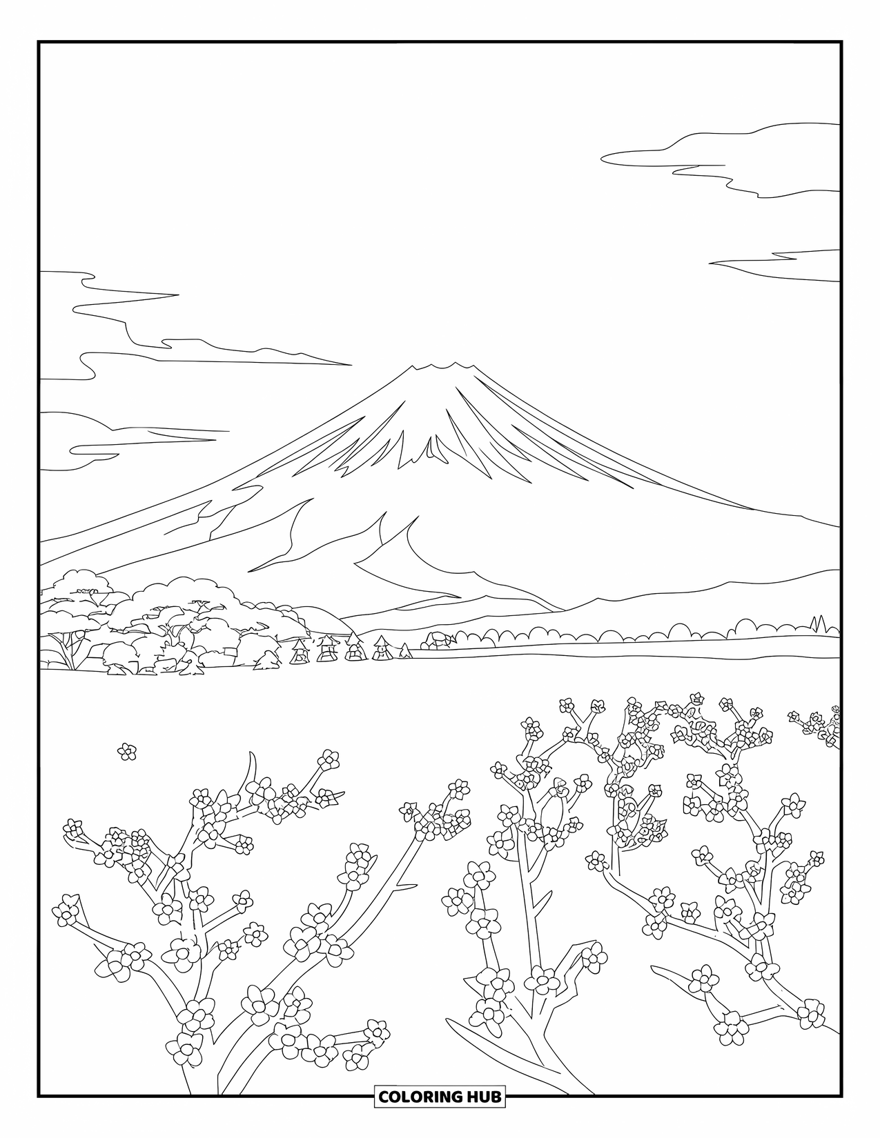 Japan Coloring Page for Adults: A panoramic scene of Mount Fuji features cherry blossoms and a winding garden path