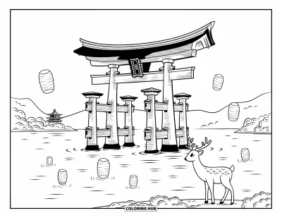 Coloriage Japon pour adultes : Un cerf paisible regarde le Grand Torii de Miyajima tandis que des lanternes flottent sur l'eau