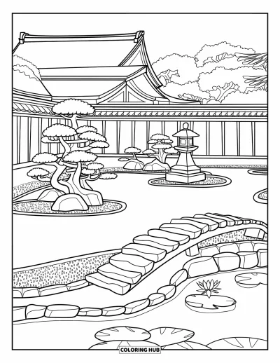 Coloriage Japon pour adultes : Un jardin zen paisible comprend du gravier ratissé avec précision et un pont en pierre au-dessus d'un étang