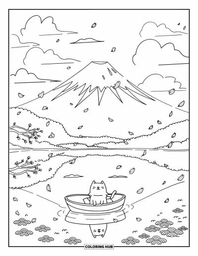Coloriage Japon pour adultes : Un chat joueur profite d'une promenade en bateau près du mont Fuji, entouré de fleurs de cerisier dérivantes