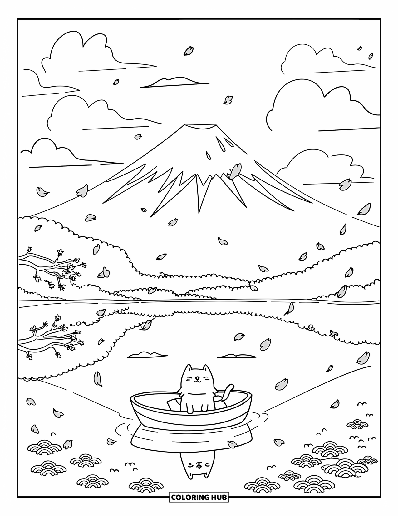 Japan Coloring Page for Adults: A playful cat enjoys a boat ride near Mount Fuji, surrounded by drifting cherry blossoms