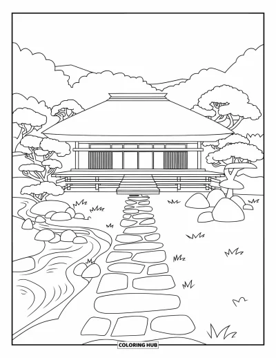Coloriage Japon pour adultes : Un salon de thé tranquille de style Kyoto se trouve près d’un ruisseau, avec un chemin menant à sa porte