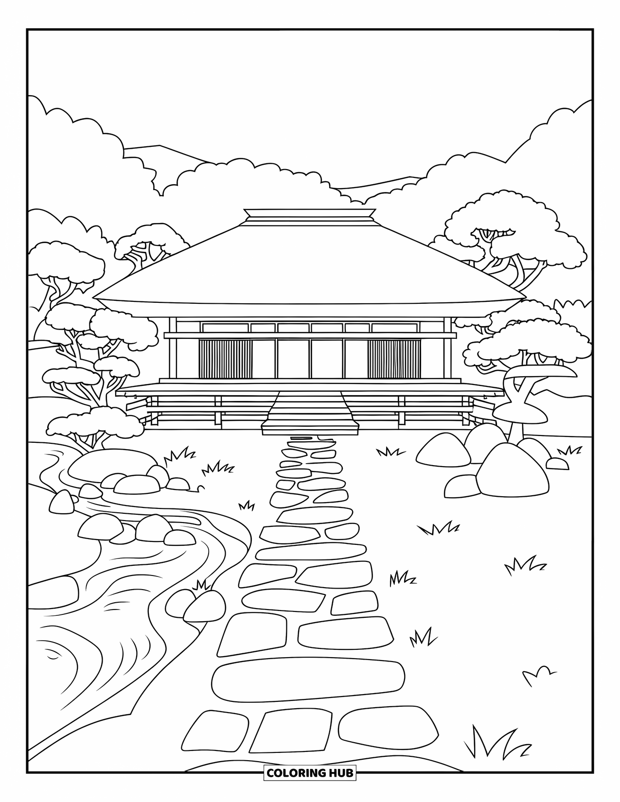 Japan Coloring Page for Adults: A quiet Kyoto-style teahouse stands near a trickling stream, with a path to its door