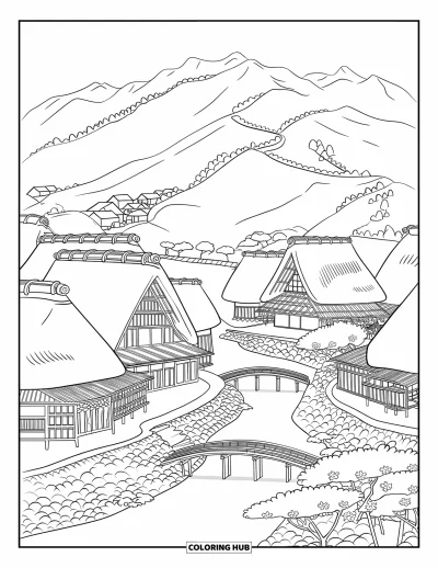 Coloriage Japon pour adultes : Un village pittoresque est situé entre les montagnes, avec des cerisiers en fleurs bordant ses ponts en bois