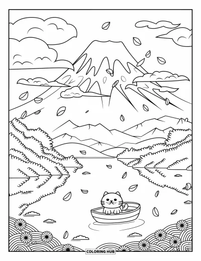 Coloriage Japon pour adultes : Une scène sereine du mont Fuji avec des fleurs de sakura et un petit bateau se reflétant sur le lac