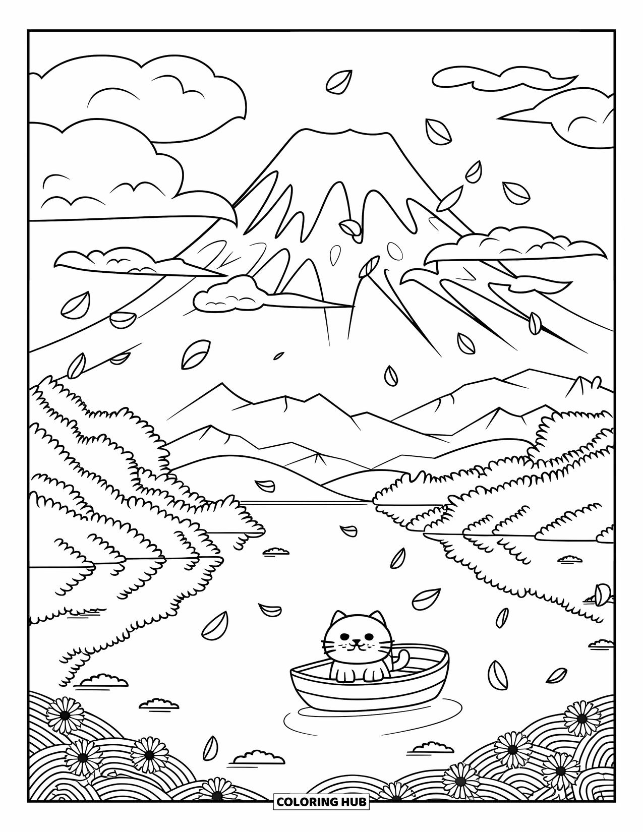 Japan Coloring Page for Adults: A serene Mount Fuji scene with sakura blossoms and a small boat reflecting on the lake