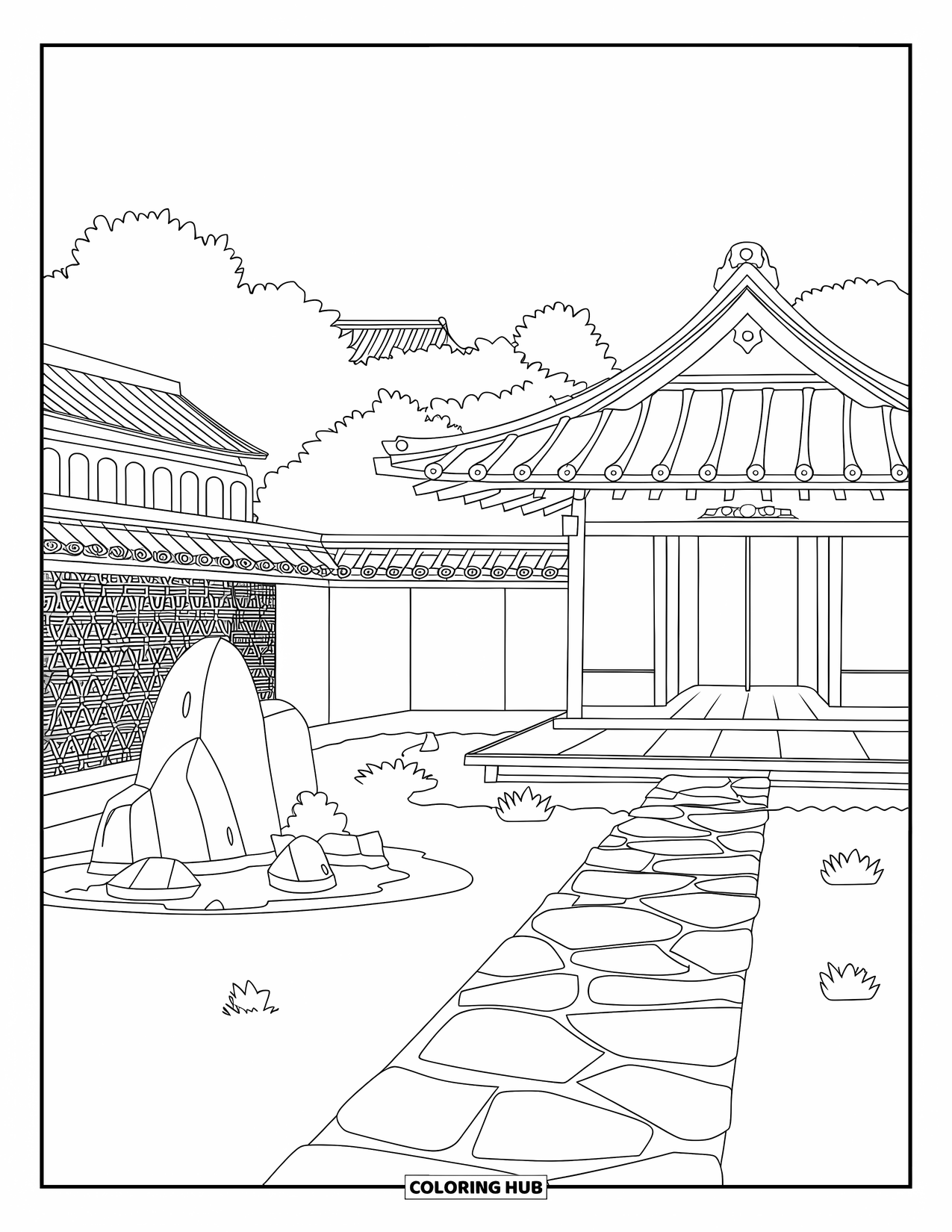 Japan Coloring Page for Adults: A serene teahouse is nestled in a garden with a stone path and traditional details