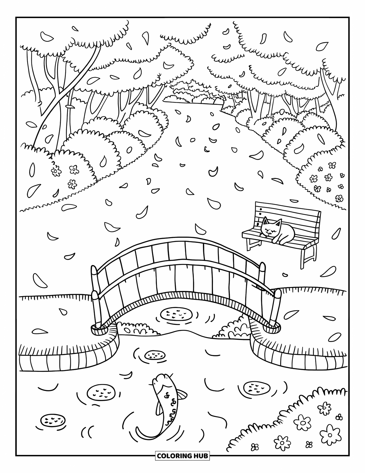 Japan Coloring Page for Adults: A sleepy cat naps on a bench while cherry blossoms float in the breeze