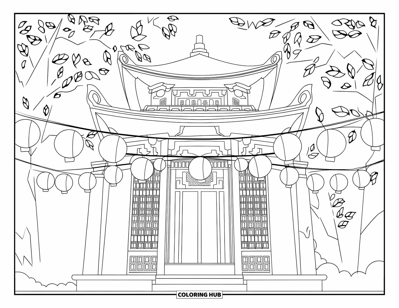 Japan Coloring Page for Adults: A temple bathed in lantern light stands among trees with intricate architectural details