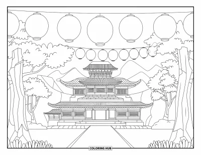 Coloriage Japon pour adultes : Un complexe de temples brille au clair de lune, avec un chemin menant à travers les arbres