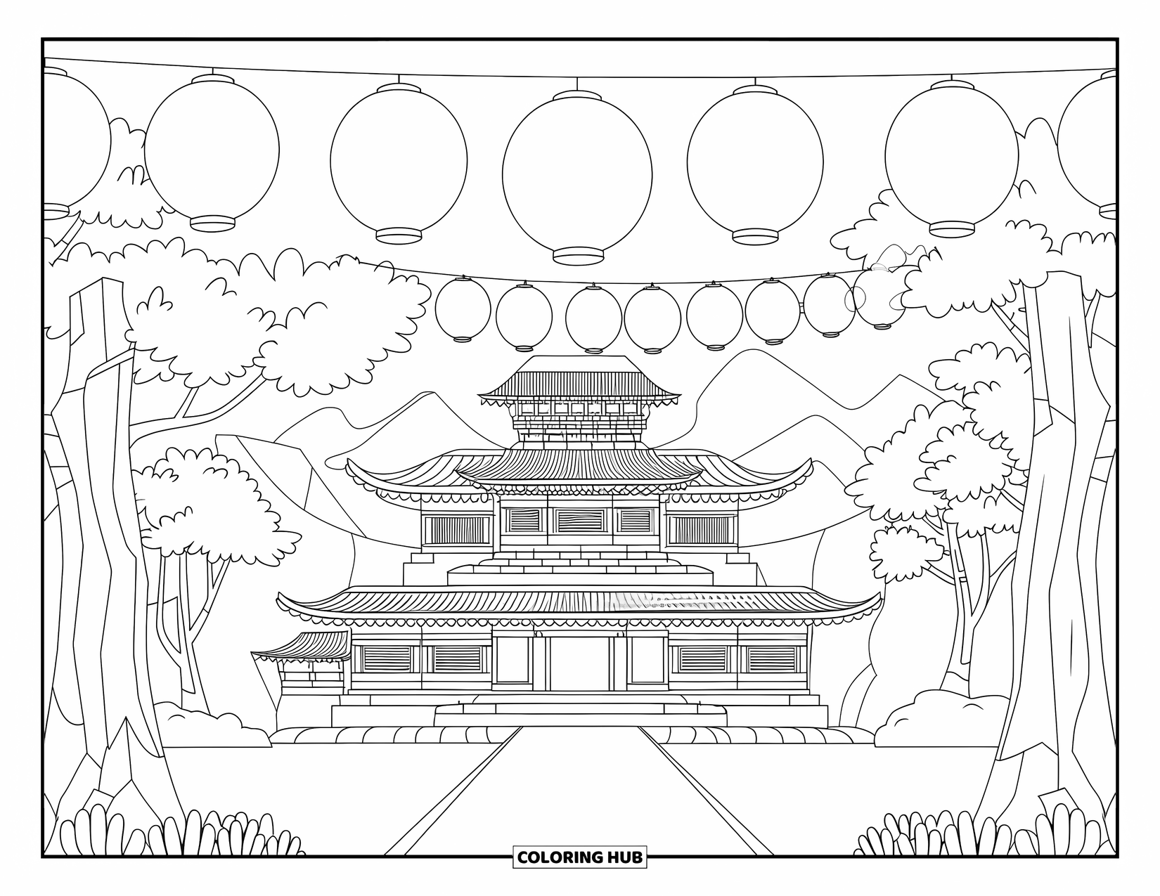 Japan Coloring Page for Adults: A temple complex glows under the moonlight, with a path leading through the trees