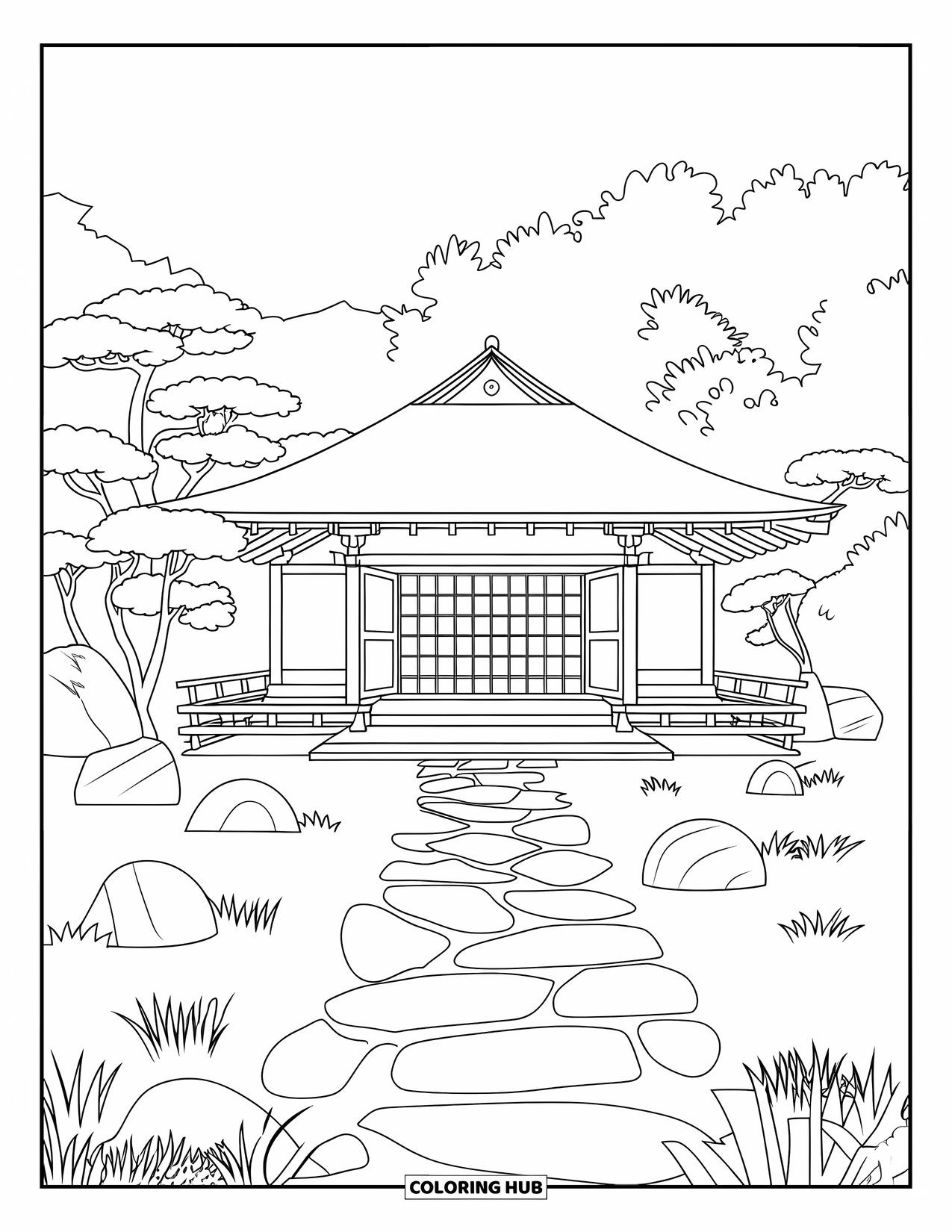 Japan Coloring Page for Adults: A thatched-roof teahouse is surrounded by rocks, trees, and flowing water