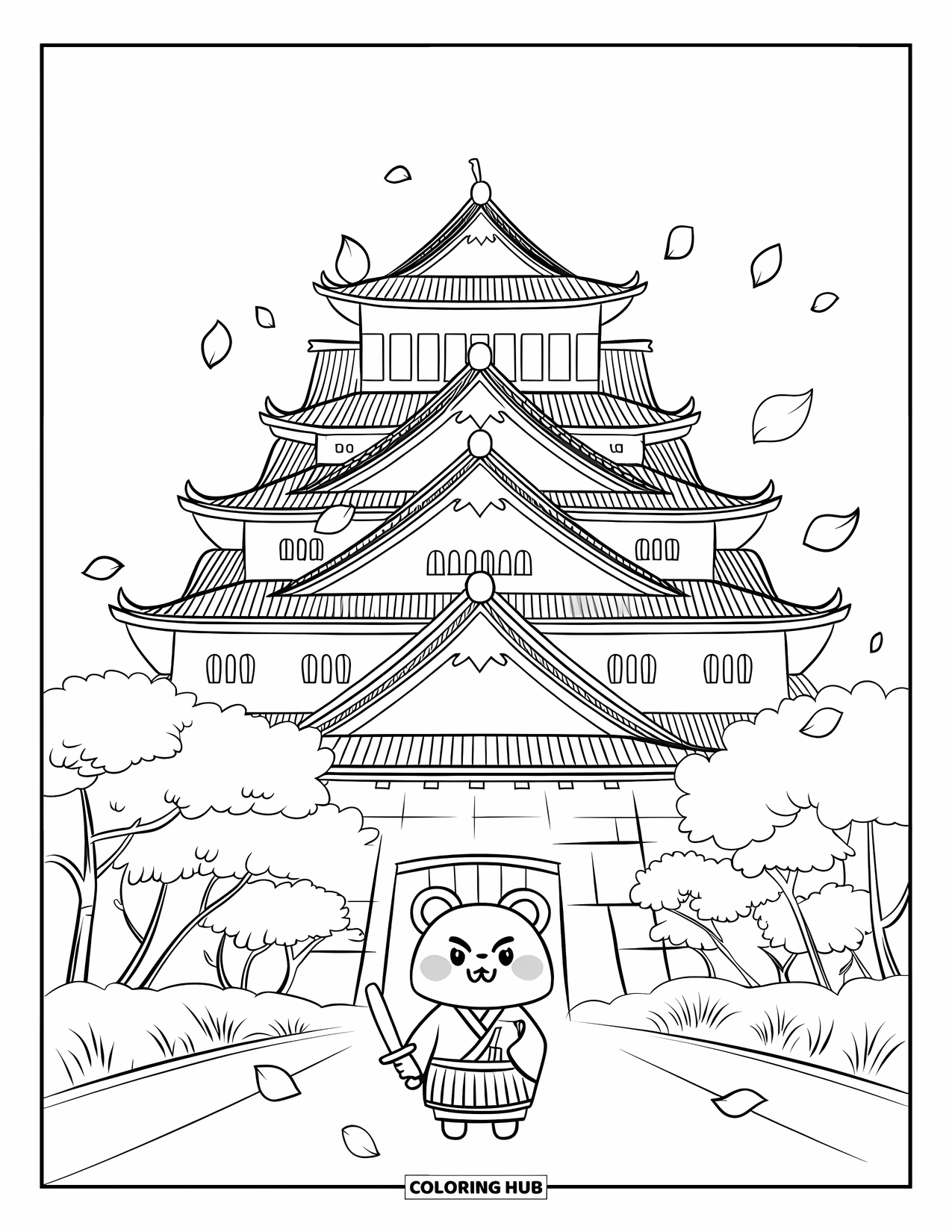 Japan Coloring Page for Adults: A tiny bear warrior holds a wooden sword near Osaka Castle and blooming cherry trees