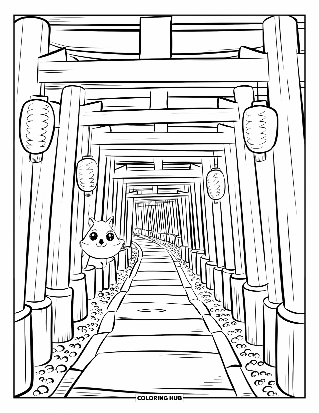 Japan Coloring Page for Adults: A tiny fox spirit peeks shyly from behind the torii gates of Fushimi Inari Shrine
