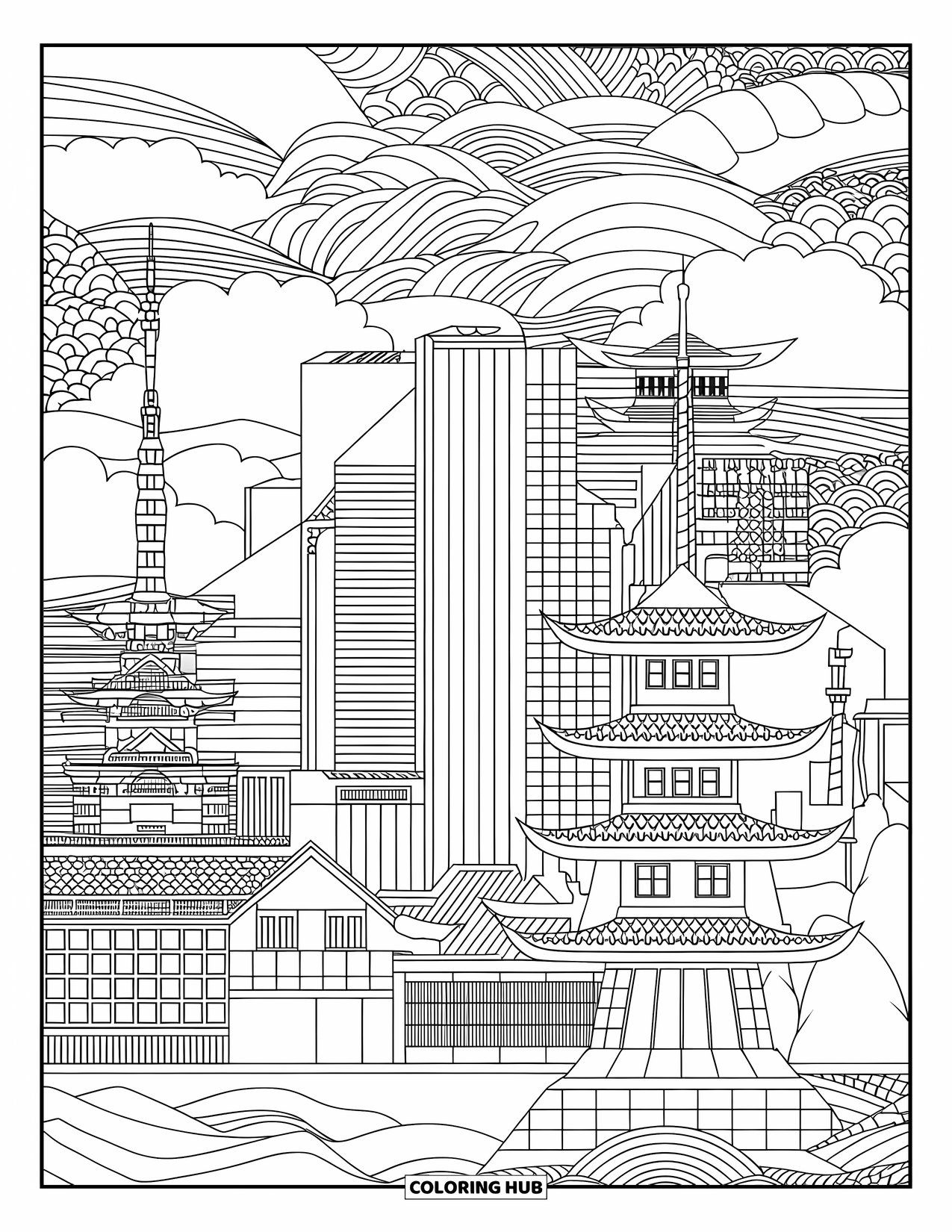 Japan Coloring Page for Adults: A Tokyo cityscape blends towering skyscrapers with traditional architecture and intricate patterns
