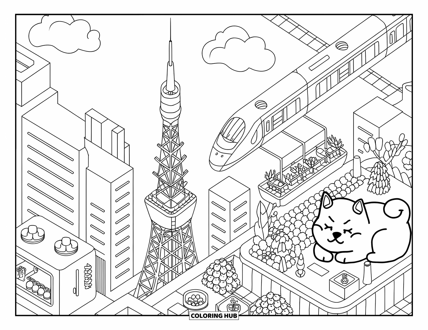 Japan Coloring Page for Adults: A train zooms past Tokyo Tower, surrounded by miniature skyscrapers and a rooftop garden