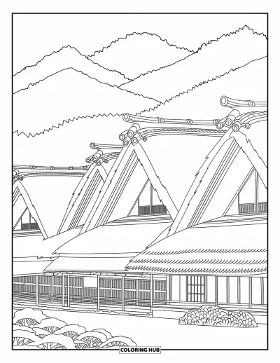 Coloriage Japon pour adultes : Un village tranquille avec vue sur la montagne comprend des sentiers sinueux et des maisons traditionnelles en bois