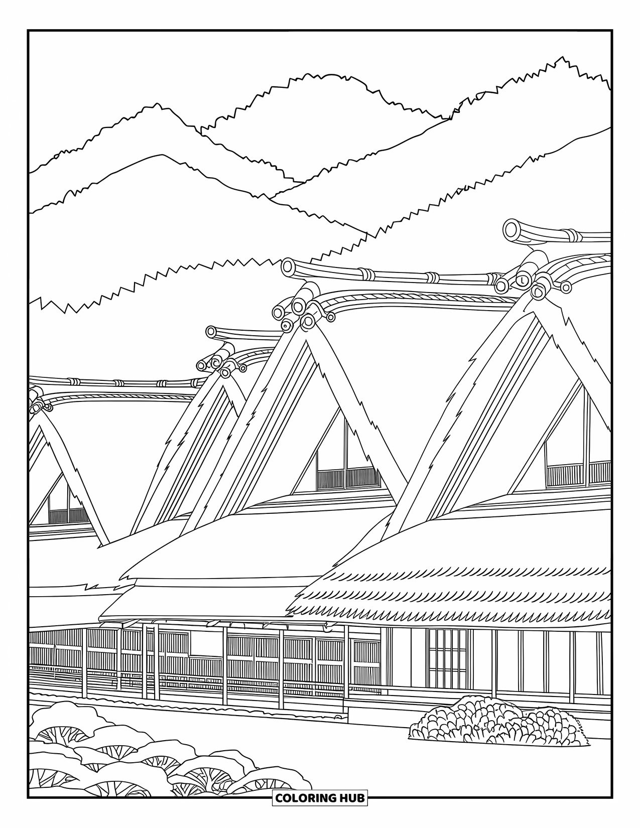 Japan Coloring Page for Adults: A tranquil village with mountain views features winding paths and traditional wooden homes