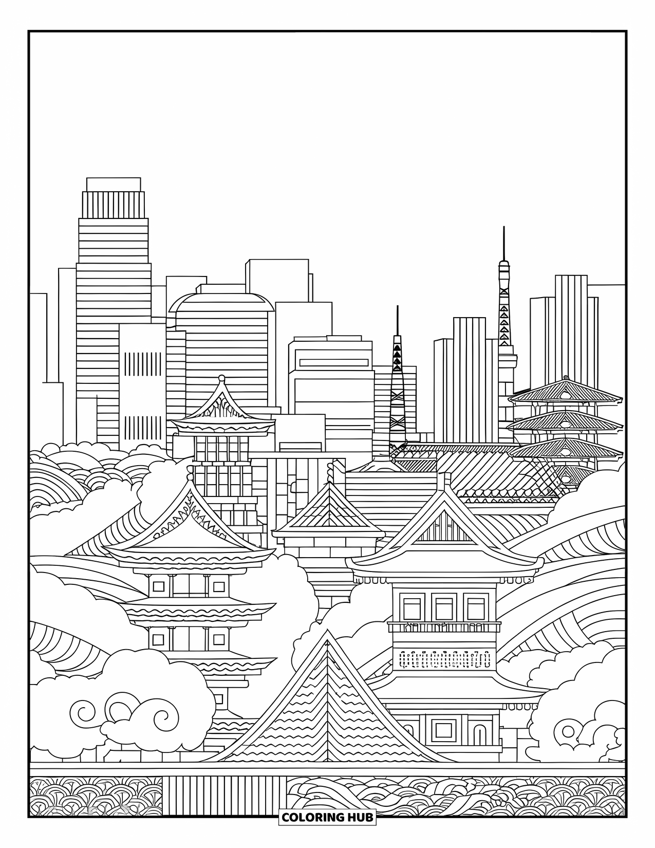 Japan Coloring Page for Adults: A vibrant Tokyo scene features futuristic towers and classic gates, filled with rich details