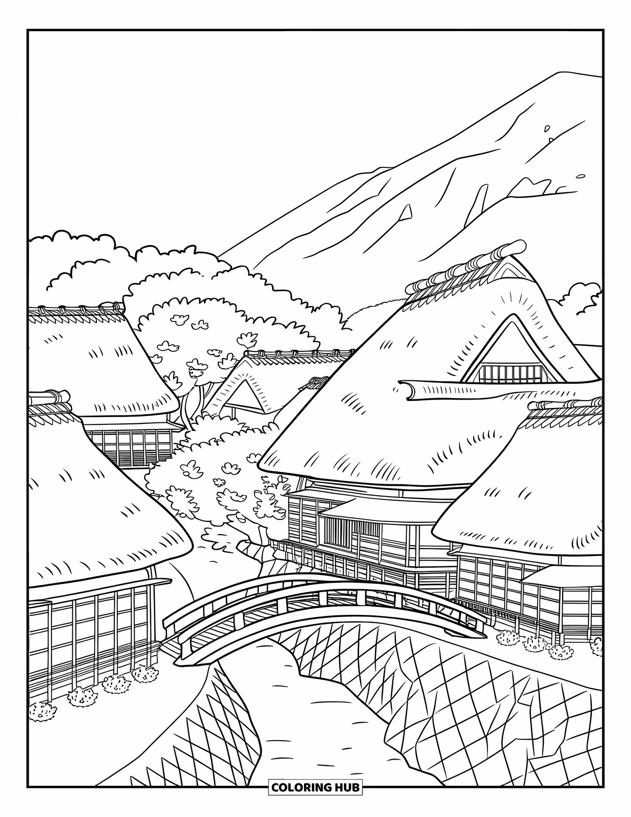 Japan Coloring Page for Adults: A wooden bridge spans a river in a peaceful village surrounded by cherry blossoms