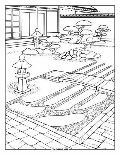 Coloriage Japon pour adultes : Un jardin zen avec des motifs de sable fluides, des lanternes en pierre et des bonsaïs invite au calme