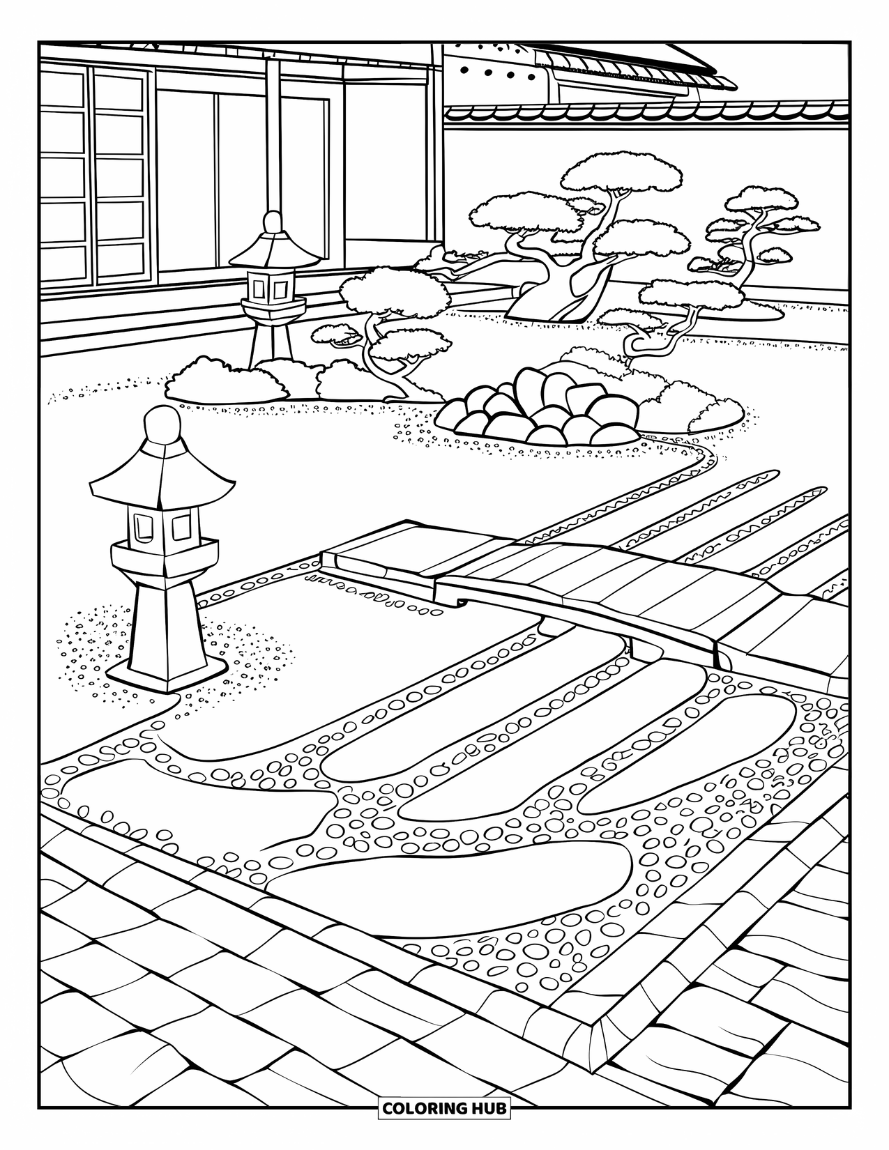 Japan Coloring Page for Adults: A Zen garden with flowing sand patterns, stone lanterns, and bonsai trees invites calm