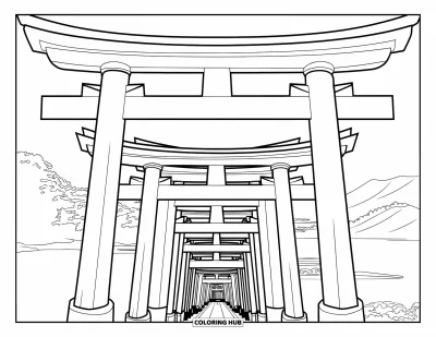 Coloriage Japon pour adultes : Les portes torii de Fushimi Inari créent un chemin sinueux bordé de sanctuaires et de verdure