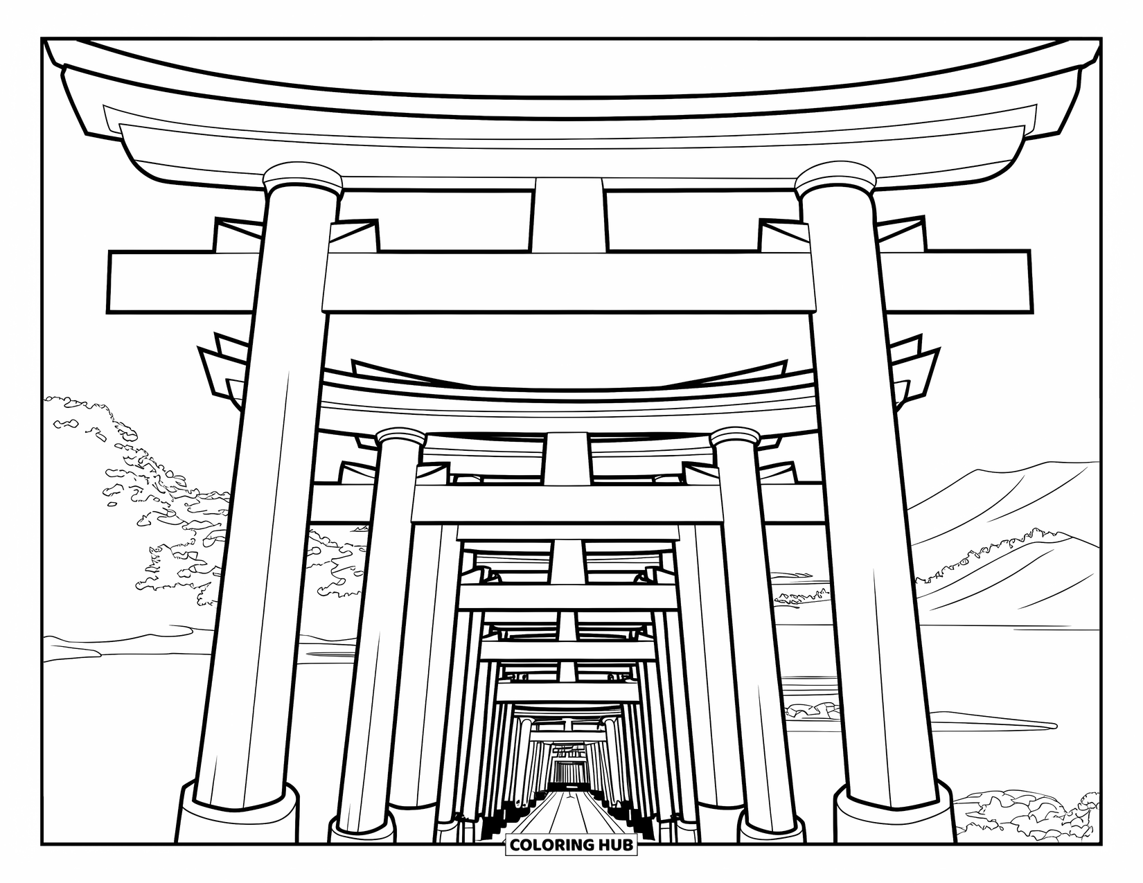 Japan Coloring Page for Adults: Fushimi Inari's torii gates create a winding path lined with shrines and greenery