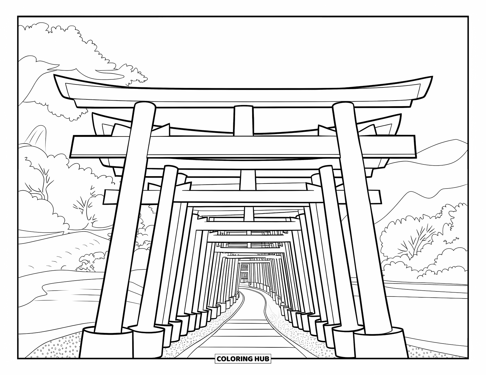 Japan Coloring Page for Adults: Intricate torii gates form a curved pathway up a mountain, surrounded by trees