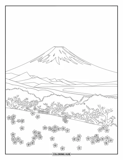Coloriage Japon pour adultes : Le mont Fuji s’élève au-dessus d’une mer de cerisiers en fleurs dans un paysage paisible