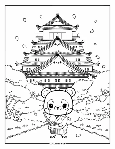 Coloriage Japon pour adultes : Le château d'Osaka se dresse fièrement parmi les cerisiers en fleurs, avec un minuscule ours samouraï à l'entrée