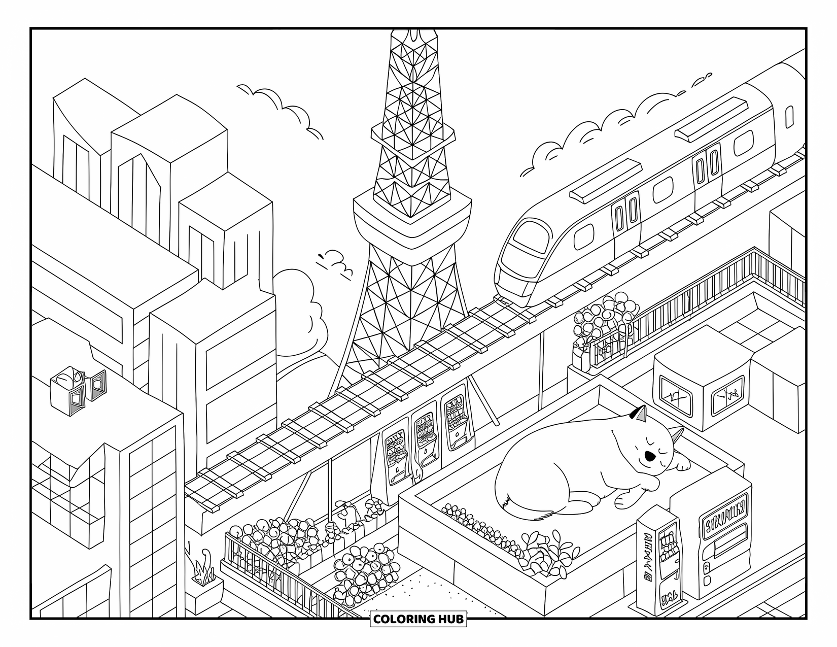 Japan Coloring Page for Adults: Tokyo Tower rises above a kawaii cityscape with tiny cafés, vending machines, and a sleepy shiba inu