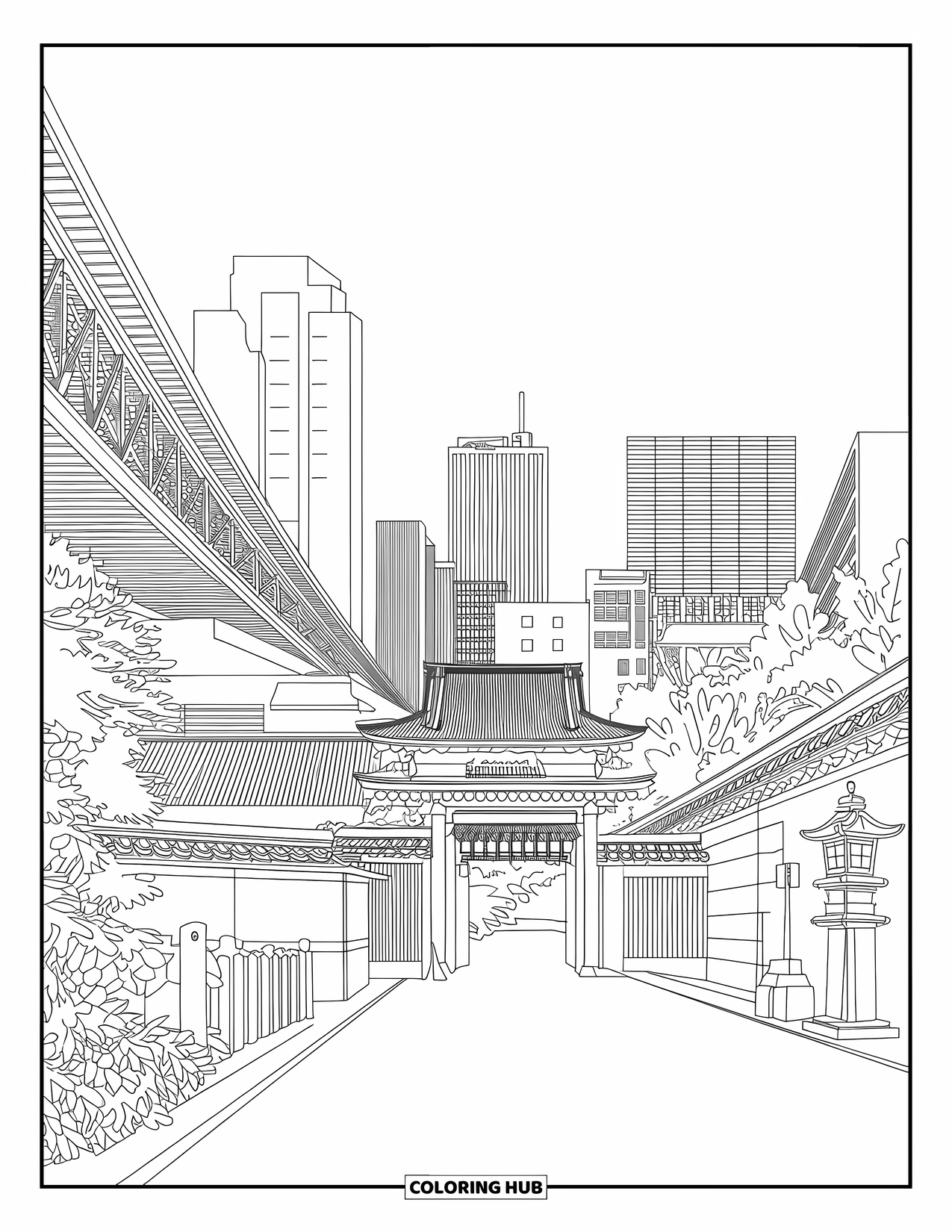 Japan Coloring Page for Adults: Tokyo's skyline merges new and old, with a path lined with lanterns and bold patterns