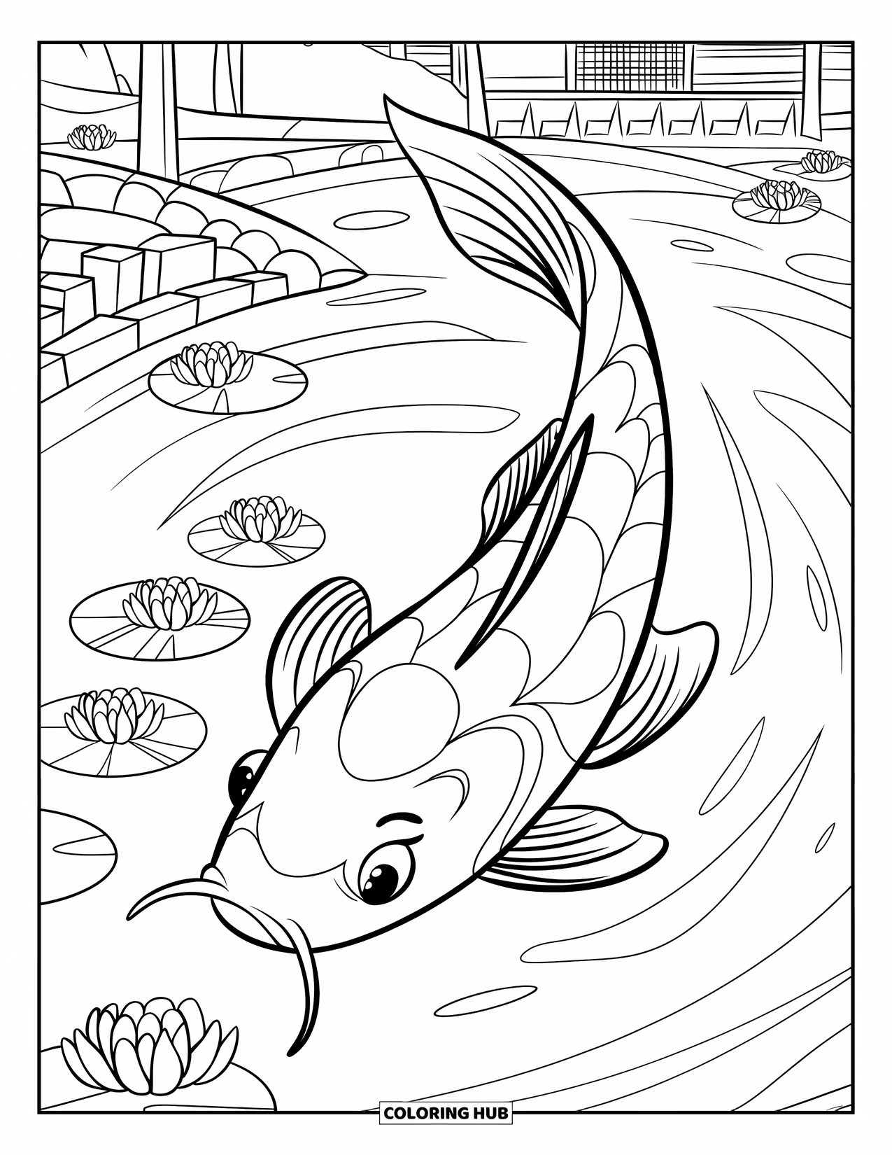 Japan Coloring Page for Kids: A beautifully patterned koi fish swims among gentle waves and floating leaves