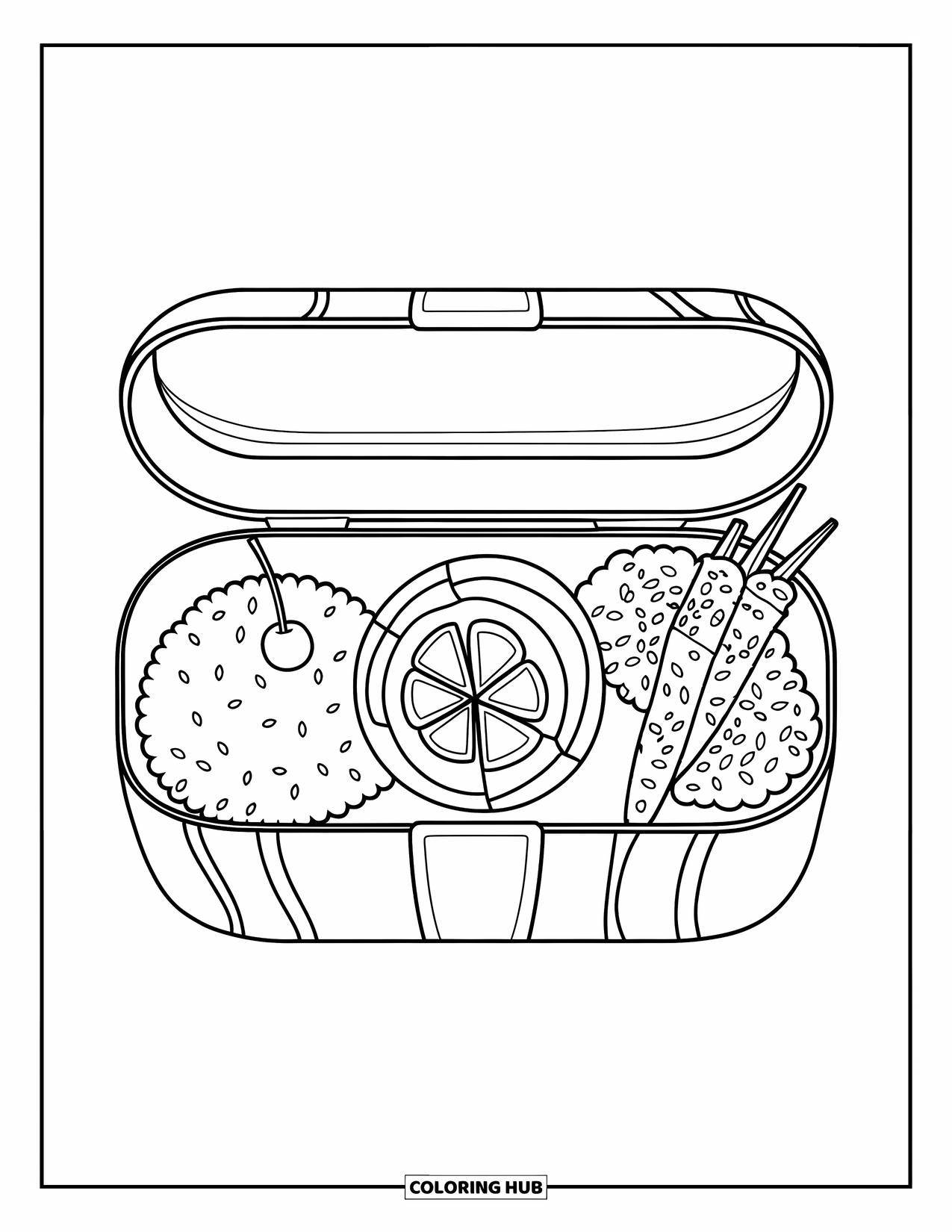 Japan Coloring Page for Kids: A bento box filled with sushi, rice, and vegetables sits neatly arranged