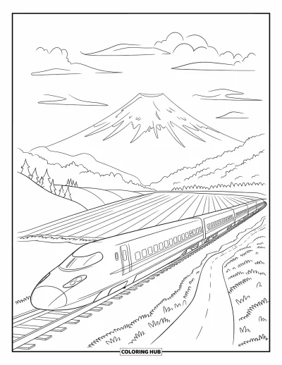 Coloriage Japon pour enfants : Un train à grande vitesse passe devant des terres agricoles et des arbres, encadré par le sommet imposant du mont