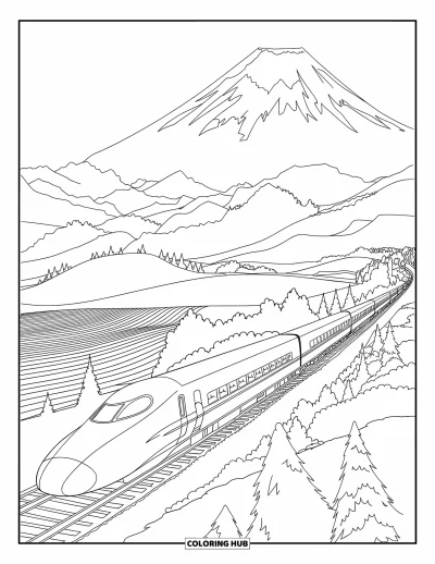 Coloriage Japon pour enfants : Un train à grande vitesse passe devant le mont