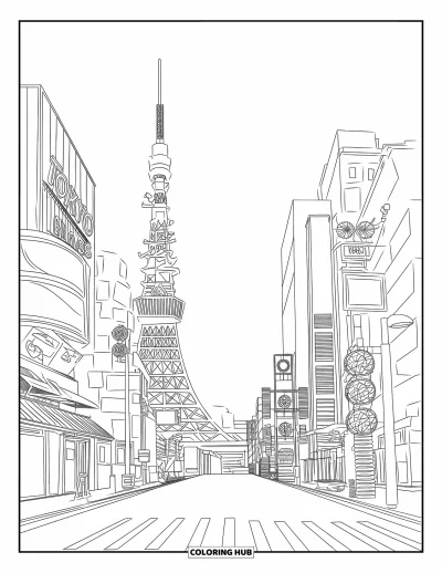 Coloriage du Japon pour enfants : Une rue animée de Tokyo illuminée par des enseignes au néon avec la célèbre tour de Tokyo en arrière-plan