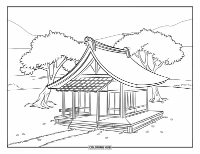 Coloriage Japon pour enfants : Une charmante maison japonaise avec des portes coulissantes repose entre deux cerisiers en fleurs