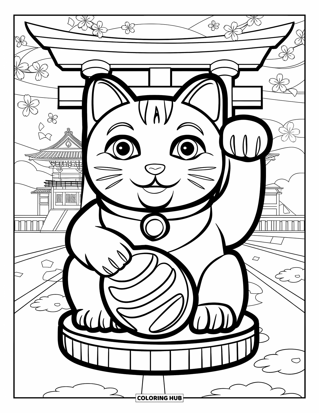 Japan Coloring Page for Kids: A cheerful Maneki Neko waves, sitting atop a wooden base with a lucky coin