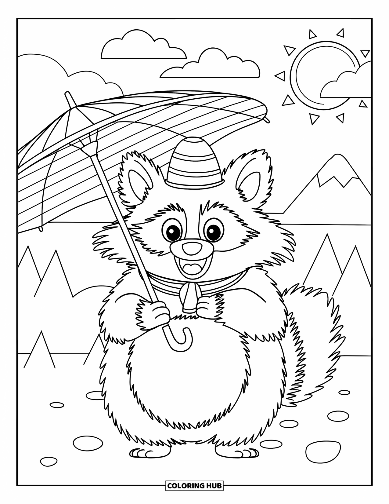 Japan Coloring Page for Kids: A cheerful tanuki in a straw hat lounges under a tree, enjoying the fresh air
