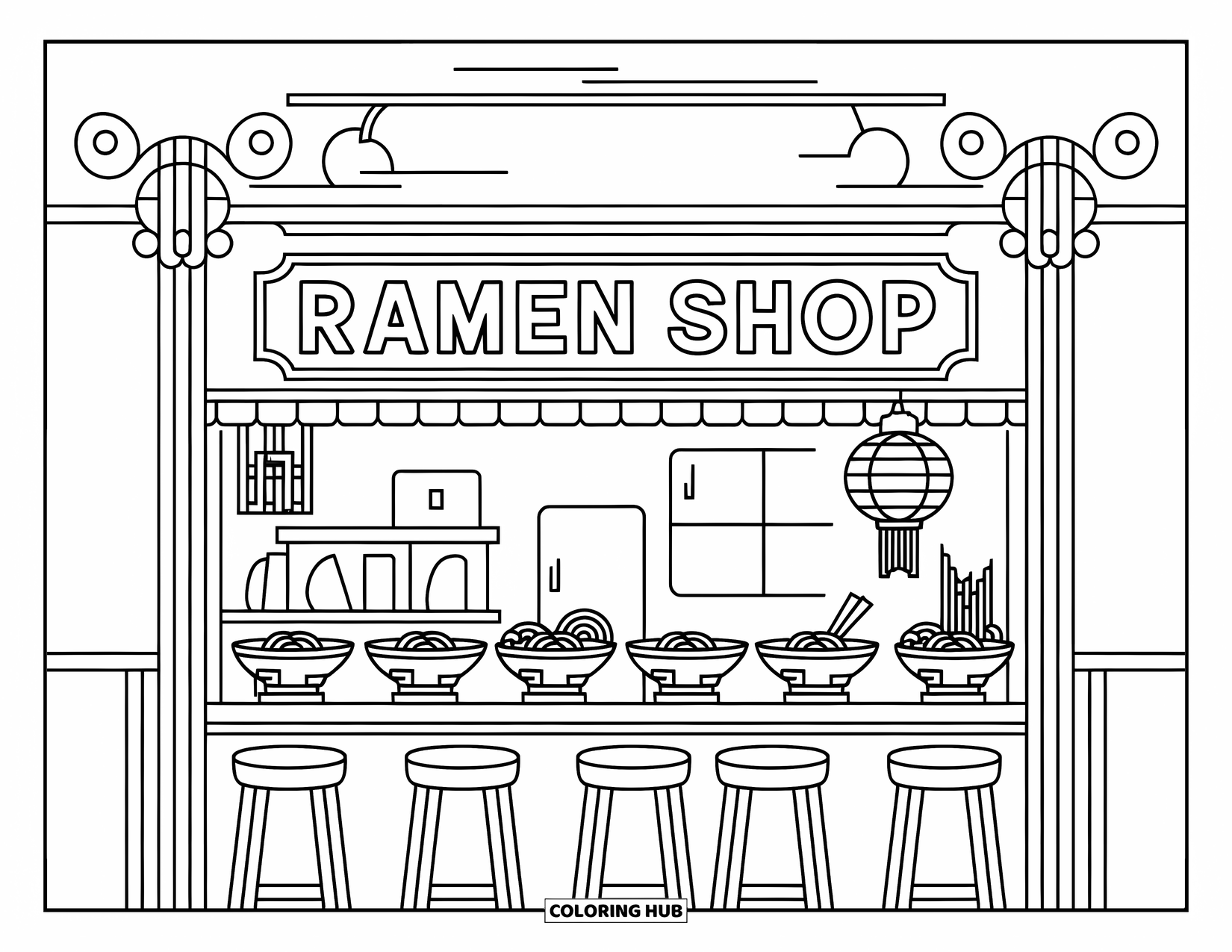Japan Coloring Page for Kids: A cozy ramen shop features bowls, chopsticks, and decorations, with a counter and wooden stools