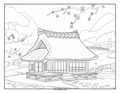 Coloriage Japon pour enfants : Une maison en bois confortable avec un toit incurvé est entourée de cerisiers sakura en fleurs