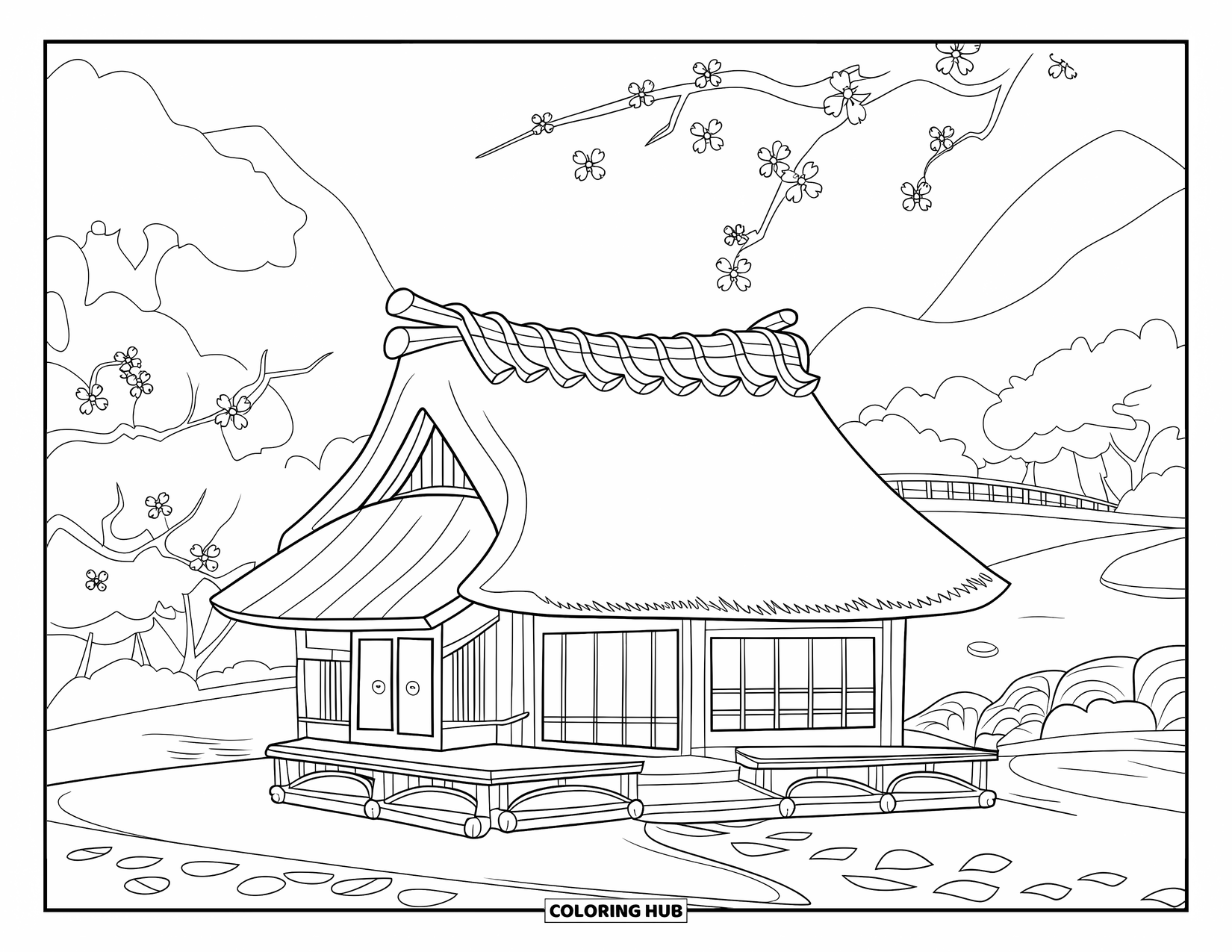 Japan Coloring Page for Kids: A cozy wooden house with a curved roof is surrounded by blooming sakura trees