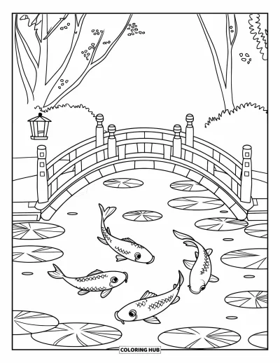 Coloriage Japon pour enfants : Un pont en bois incurvé s'étend sur un étang de koïs, avec des arbres se balançant en arrière-plan