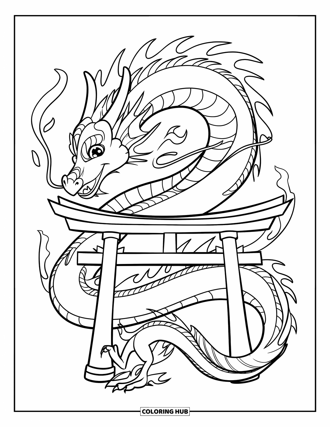 Japan Coloring Page for Kids: A dragon coils around a torii gate, its scales glistening as it breathes fire