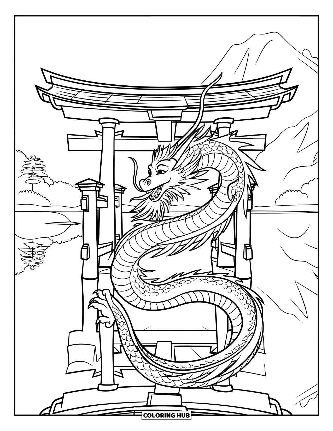 Japan Coloring Page for Kids: A dragon winds around a torii gate, with flames flickering in the peaceful background