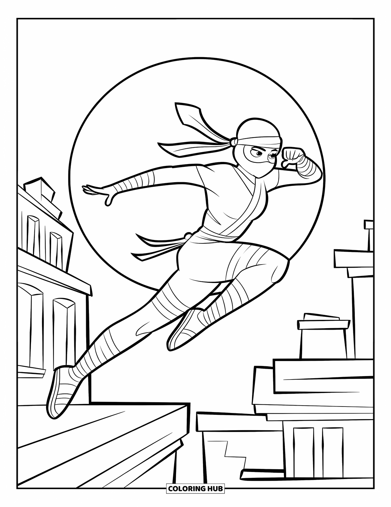Japan Coloring Page for Kids: A female ninja leaps from a rooftop under the glowing full moon
