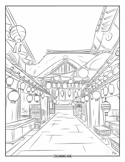 Coloriage du Japon pour enfants : Une rue de festival bordée de lanternes, d'échoppes et de bâtiments japonais traditionnels en bois